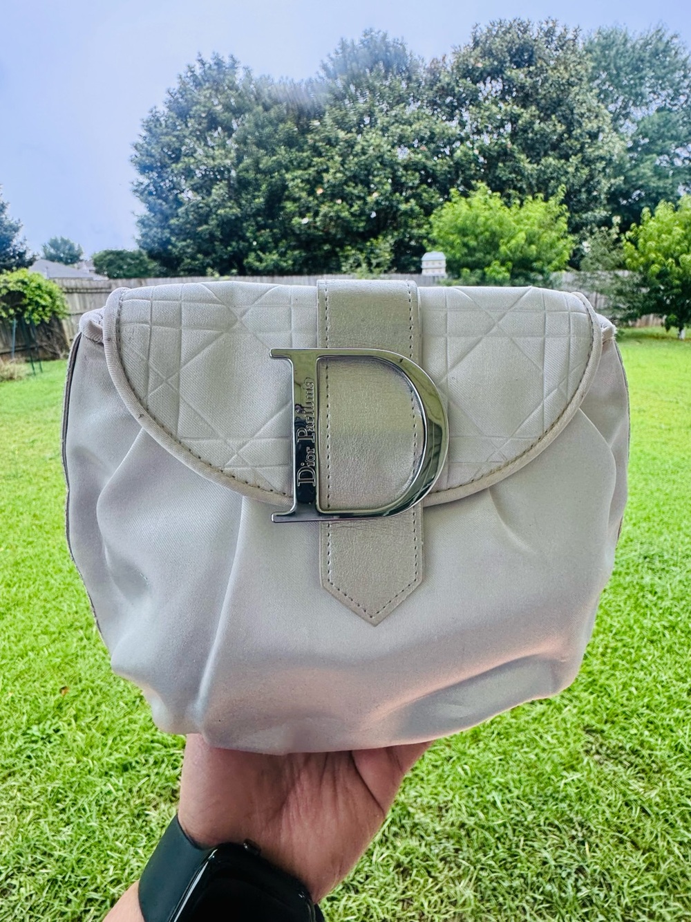 CHRISTIAN DIOR Parfume Silver Quilted Flap Mini Bag with Silver D-Clasp